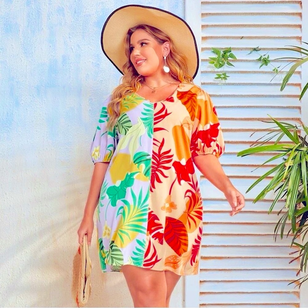 Plus Color Block Puff Sleeve Dress